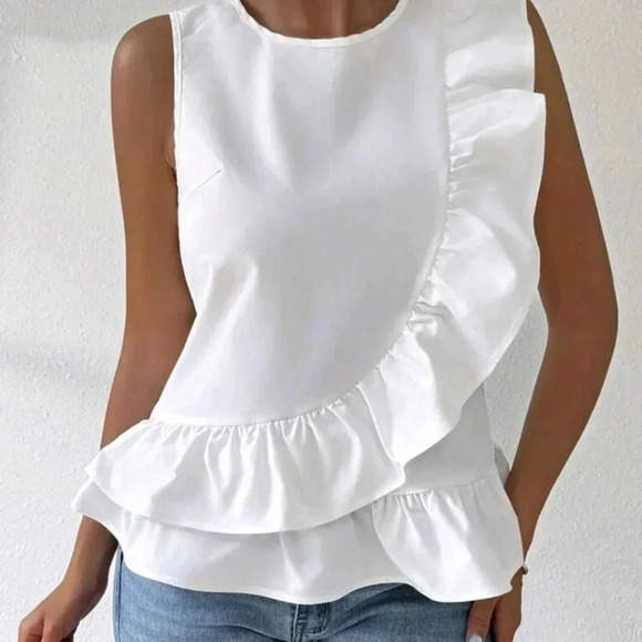 Tops - Summer Casual Solid Color Ruffle Hem Sleeveless Blouse